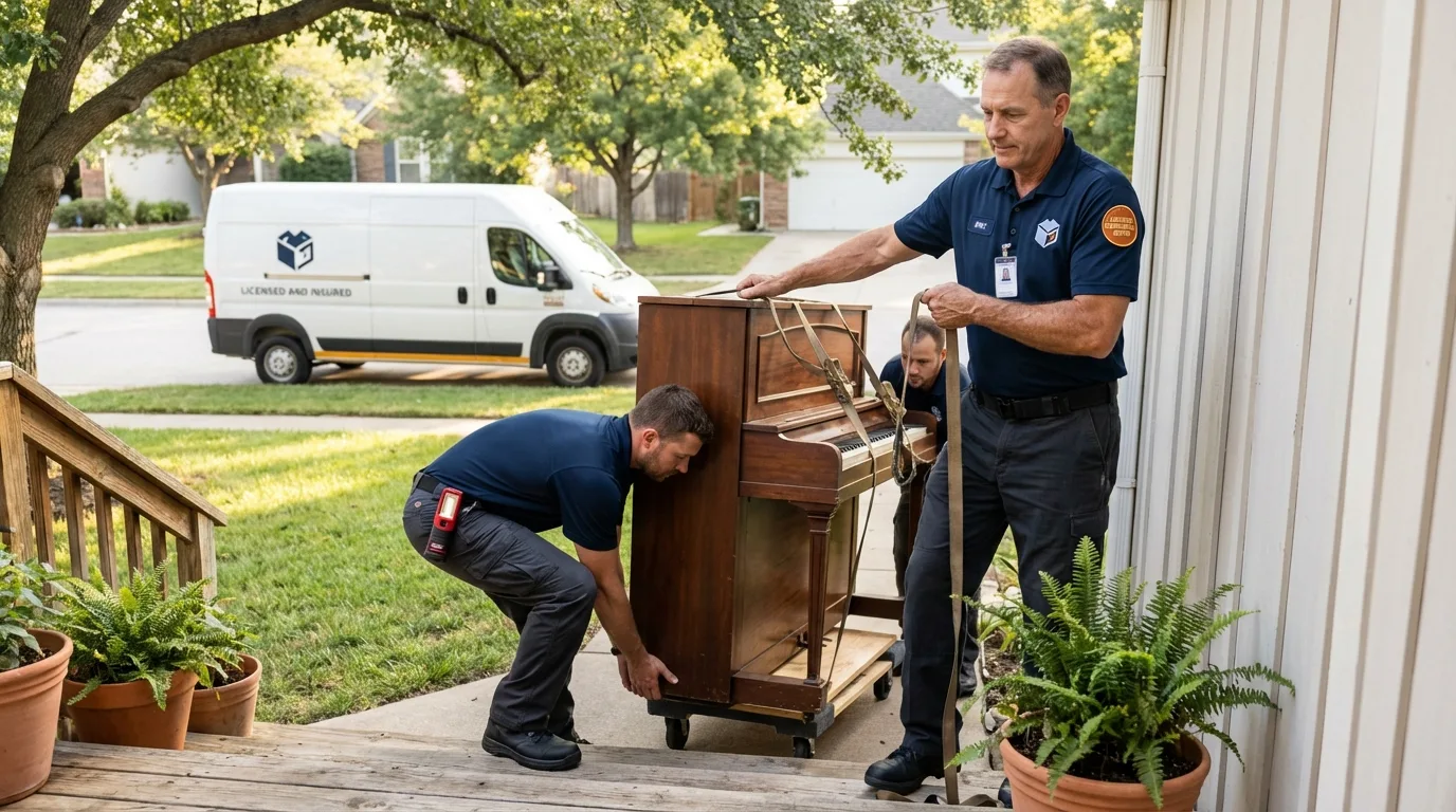 Licensed piano movers securing grand piano in Saint Marys, KS