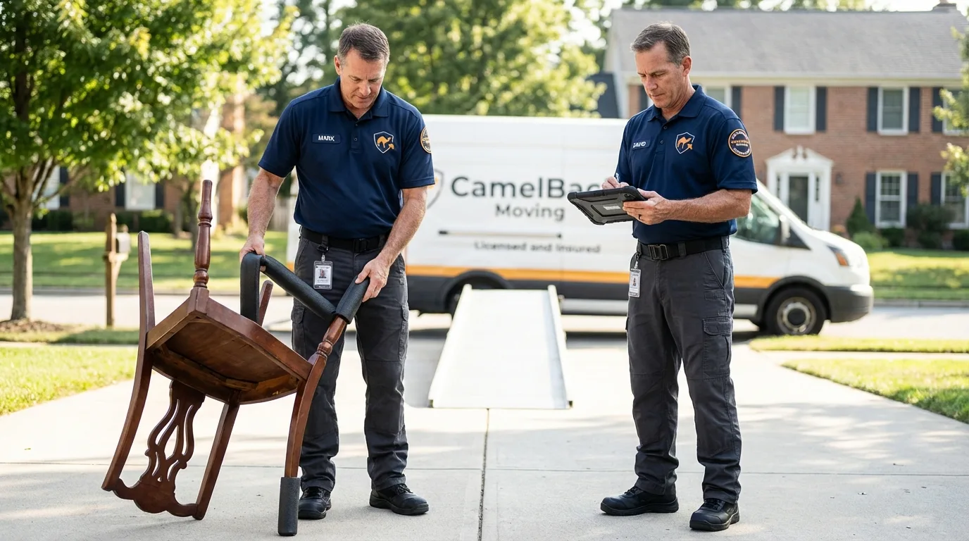 Movers inspecting furniture for damage prevention before loading in Saint Marys, KS