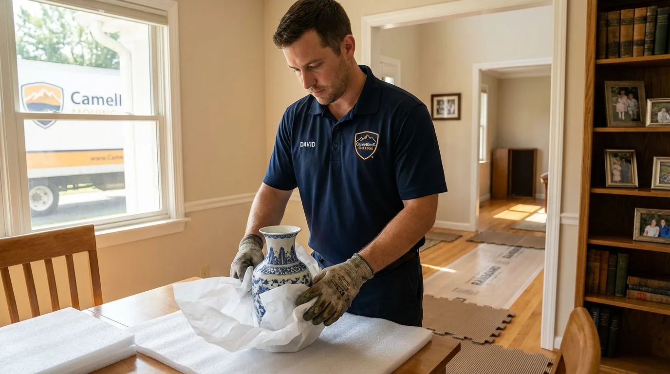 Professional crew carefully wrapping antique vase for senior downsizing move in Saint Marys, KS